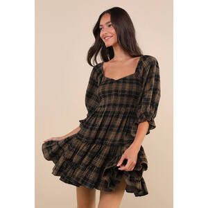 Lulu's Plaid Mini Dress in Black and Brown